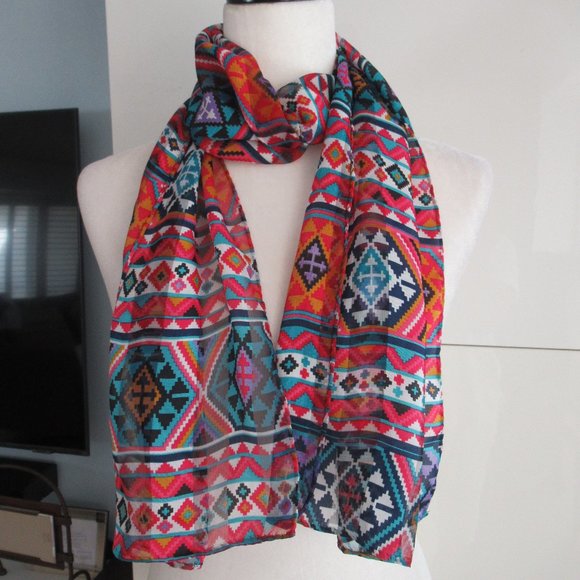 Southwestern Print Scarf Rectangular 58" x 13" Multicolor, Hand Rolled Hem NEW - Picture 3 of 7